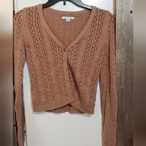 American Eagle,Y2k,cropped Buttonup,long Sleeve Knit,v NeckcardiganSweater,tan,